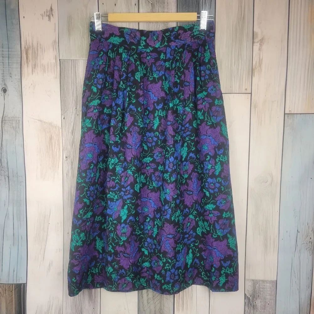 Vintage Norton McNaughton Black Green Purple Floral Pleated Skirt Size 8